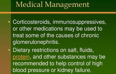 Dietary restrictions on salt, fluids, protein, and other substances may be recommended to help control of high blood pressure or kidney failure.
