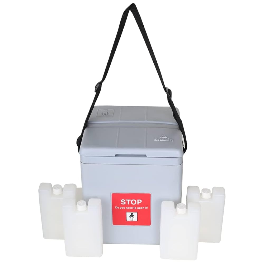 A photo comparing a large cold box and a smaller, portable vaccine carrier, both with ice packs.