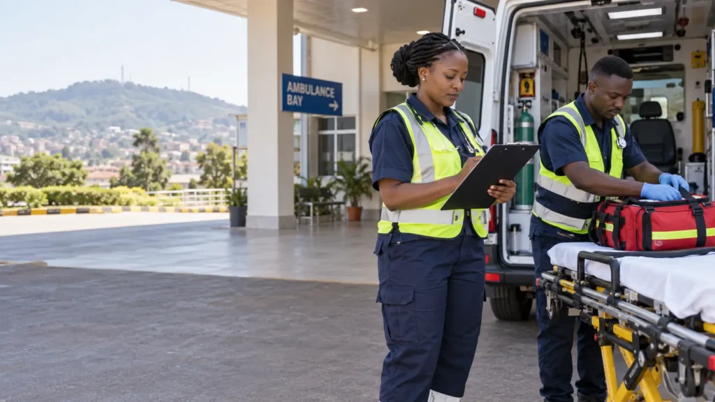 Emergency medical technicians checking equipment beside an ambulance