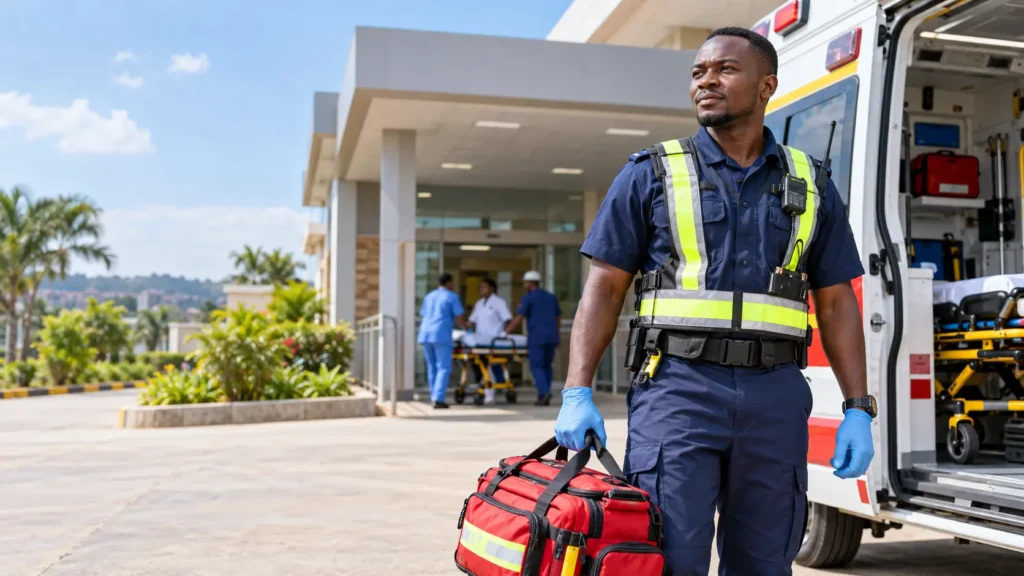 Emergency medical technician standing beside an ambulance with emergency response bag