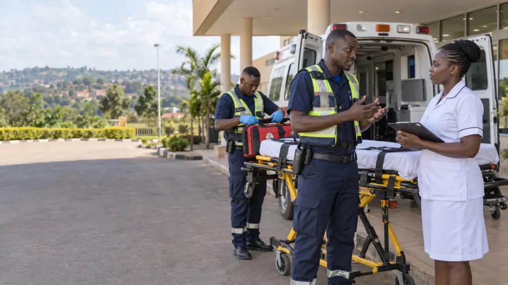 Ugandan emergency medical technicians briefing a nurse beside an ambulance and stretcher